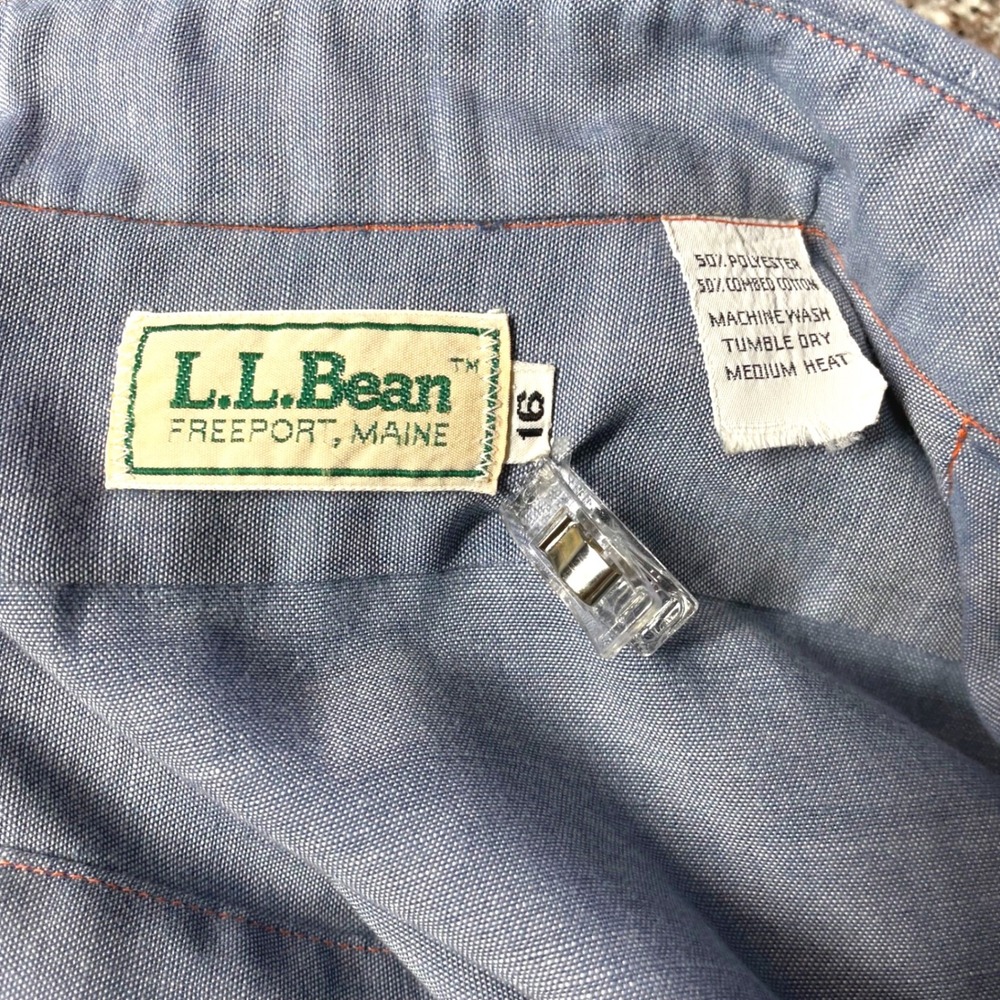 VTG 70s 80s LL Bean Men 16 Blue Chambray Epaulet Safari Work Shirt USA Made READ